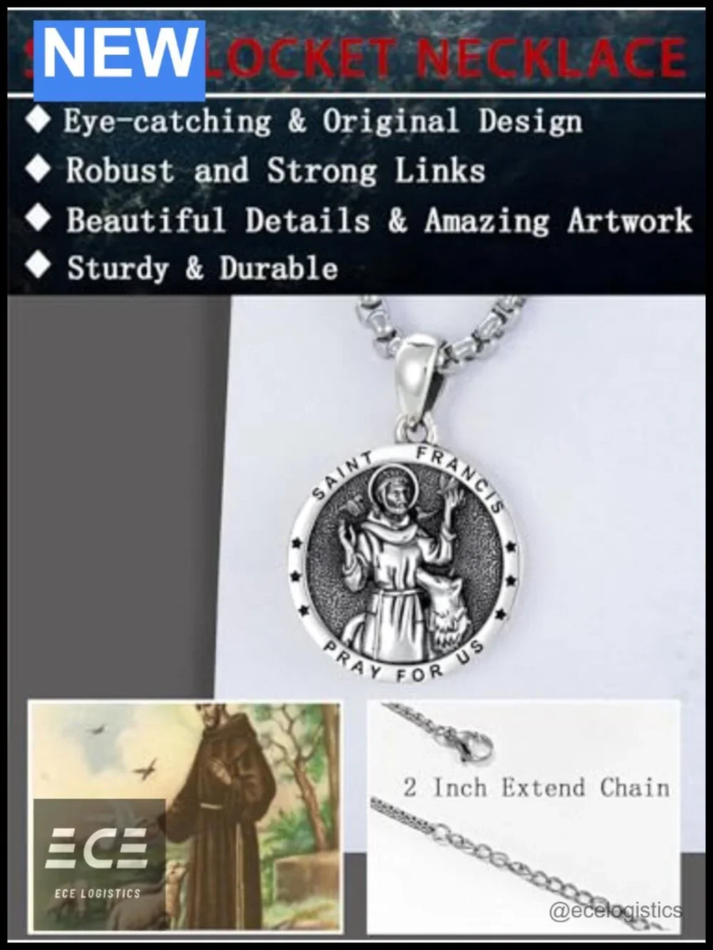 Sterling Silver Saint Francis Locket Necklace 22in Rolo Chain Gift Box